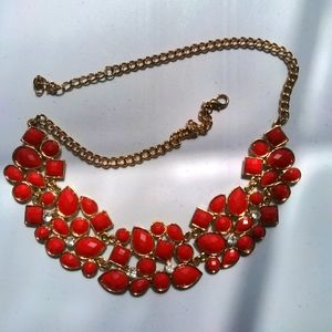 Women's Costume Jewelery Red on Gold-tone Chain Necklace